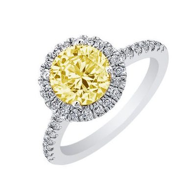 Fancy Yellow GIA 2.00 Carat Round Brilliant Cut Diamond Engagement Ring 18k Gold