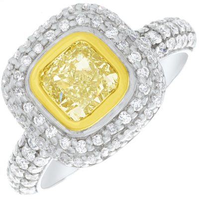 2 Tone Double Halo 2.50 CT GIA Fancy Yellow Cushion Cut Diamond Engagement 18k