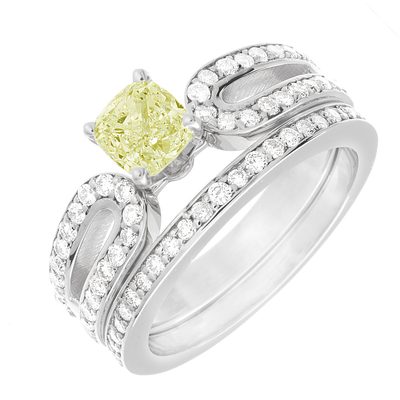 2.50 Carat Cushion Cut Fancy Yellow Diamond Bridal Set in 18k White Gold GIA ...