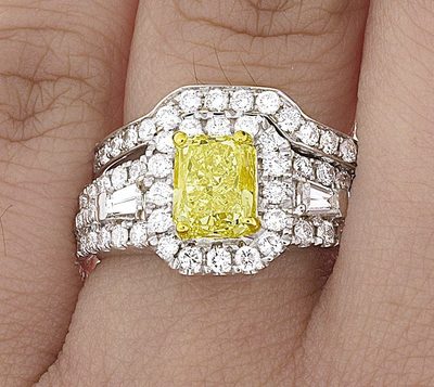 GIA 1.50 CT Fancy Yellow Elongated Center Bridal Set with Round & Baguettes