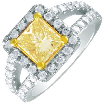 Estate Antique 2.00 CTW Princess cut Diamond Fancy Yellow 18K WG GIA Certified