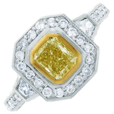 2.40 Carat GIA Fancy Yellow Cushion Cut Diamond Engagement Ring in 18k Gold