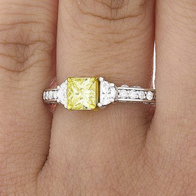GIA 1 CT Fancy Yellow Radiant Diamond Complemented By 1/2 Moons & Rounds - 18K