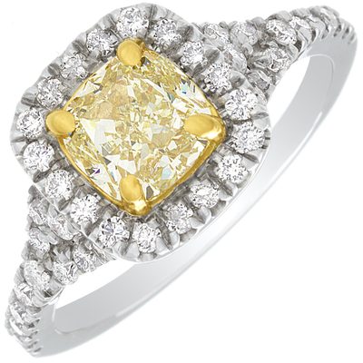 Unique Style Halo GIA 2.20 Carat Cushion Cut Fancy Yellow Diamond Engagement 18k