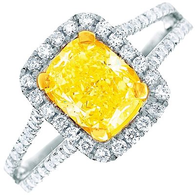 GIA Certified 3 CT Elongated Cushion Cut Fancy Yellow & Split Shank Diamond Ring