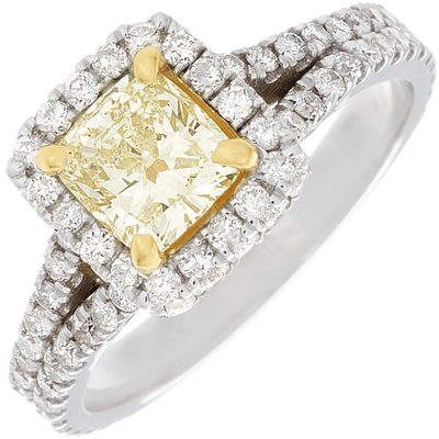 dFancy Yellow GIA 2.65 Carat Cushion Cut Diamond Engagement Ring 18k White Gold