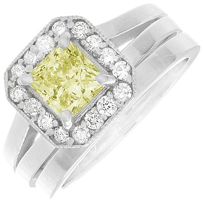 Fancy Yellow Diamond Bridal Set Ring 1.50 Carat Round Cut GIA Certified 18k Gold