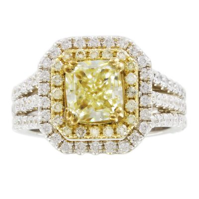 Double Halo 3.10 Carat GIA Fancy Yellow Cushion Cut Diamond Engagement Ring 18k