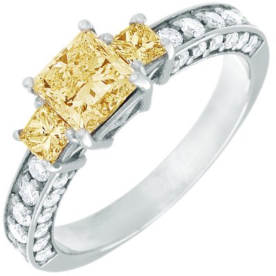 3 Stone Fancy Yellow 3.79 CTW Princess cut Diamond  GIA certified 18K Gold