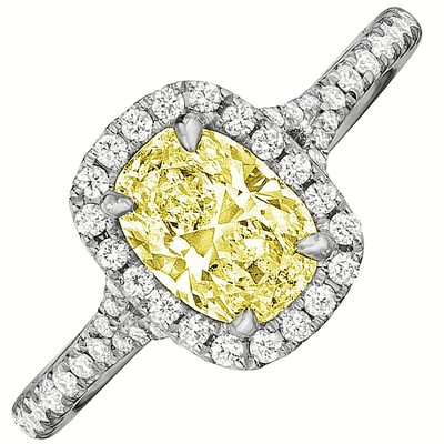 Fancy Yellow Cushion Diamond Ring with Round Cut Sides & Halo - GIA Certified