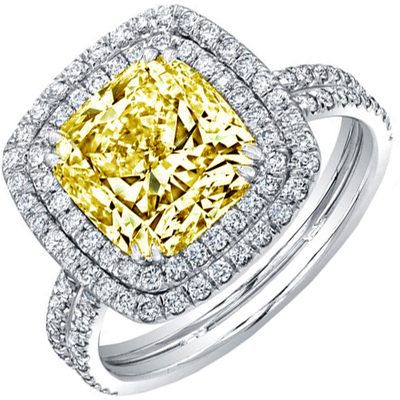 Handcrafted GIA 3.50 Carat Fancy Yellow Cushion Cut Diamond Engagement in 18k
