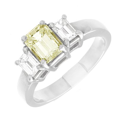 Three Stone Fancy Yellow Emerald Engagement Ring 2.20 CTW Diamong GIA 18k Gold