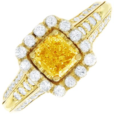 18k Gold GIA 3.20 Carat Fancy Yellow Cushion Cut Diamond Engagement Ring 2 Tone