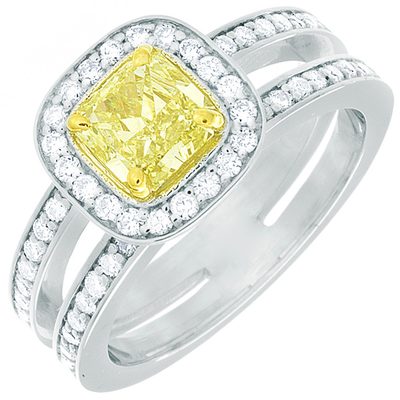 GIA Certified 2.70 Carat Fancy Yellow Cushion Cut Diamond Engagement 18k Gold