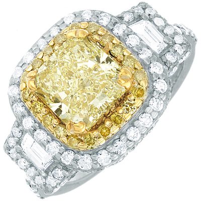 Fancy Yellow Cushion Cut GIA 3.50 Carat Diamond Engagement Ring 18k White Gold