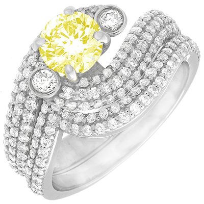 Fancy Yellow GIA Certified 5 Carat Round Cut Diamond Bridal Set Ring in Platinum
