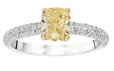 Vintage Style GIA 2.70 Carat Fancy Yellow Cushion Cut Diamond Engagement Ring