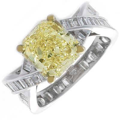 Elegant 5.50 Carat GIA Fancy Yellow Cushion Cut Diamond Engagement Ring in 18k