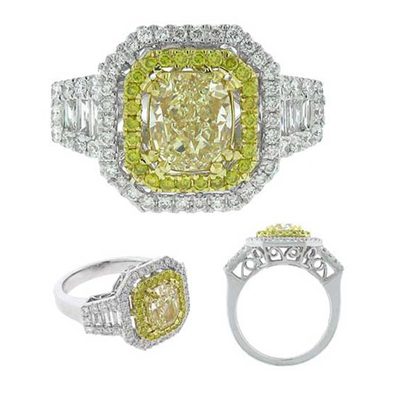 GIA 3.00 Carat Fancy Yellow Cushion Cut Diamond Engagement Ring in 18k Gold