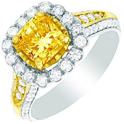 Amazing 18K Two-Tone Gold GIA 2 CT Center Cushion Cut Fancy Yellow Diamond Ring