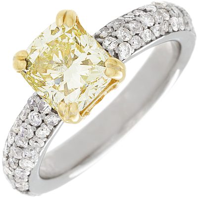 GIA 3.30 Carat Fancy Yellow Cushion Cut Diamond Engagement Ring 18k White Gold