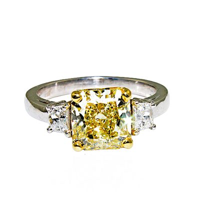 GIA 3.00 CT Fancy Yellow Cushion & Trapezoid Three Stone Diamond Ring - Platinum