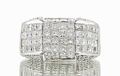 18K White Gold Full Diamond Men's Ring - 5.00 CT Princess & Round Cuts F-G / VS2