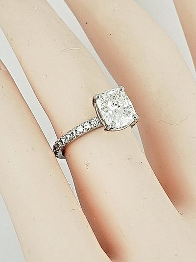 GIA Certified Center 1.70 CT Cushion Cut Diamond Ring with Round Cut Sides - 14K