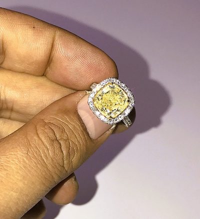 GIA Certified Fancy Yellow Cushion Cut Diamond Ring with 3.00 CT Center - Halo