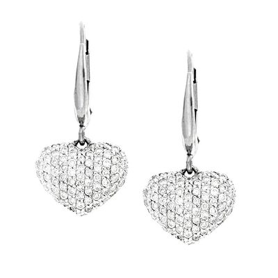 14K White Gold Puffy Heart Design Dangling Earrings - 1.50 ct Natural Round DIA.