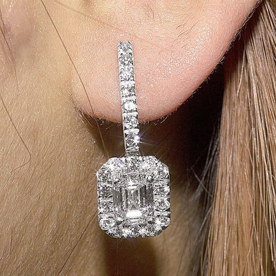 14K White Gold GIA Certified Emerald & Round Cut Diamond Earrings -2 CT Centers