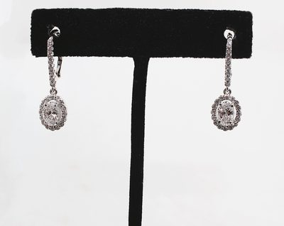 18K GIA Certified 2.00 Ct Oval Cut Diamond Drop /Halo Earrings & Round Diamonds