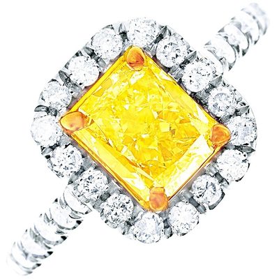 GIA Certified 1.00 CT Center Fancy Yellow Radiant & 14K Gold Round Cut Halo Ring