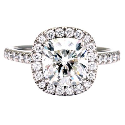GIA Certified Cushion cut Diamond Ring with Halo & Side Round Diamonds. 14K