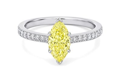 GIA Certified Fancy Yellow Marquise Shape Diamond Ring - Round Cut Side Diamonds
