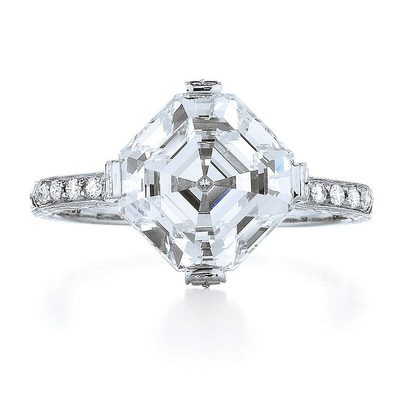 GIA Certified Asscher Cut Diamond Ring with Round Shape Side Diamonds.