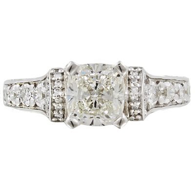 14K White Gold Cushion Cut Diamond Ring with Pave' Set Diamonds. GIA Certified