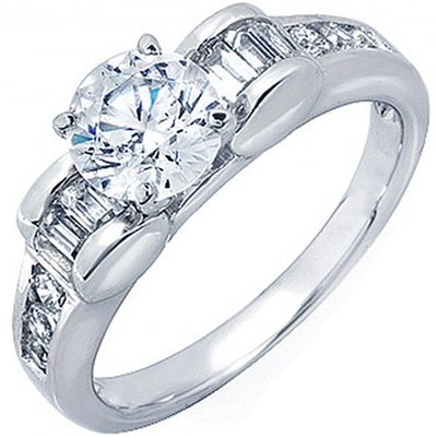 2 CT Round & Baguette Cut GIA Certified Diamond Engagement Ring 18k White Gold