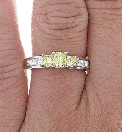 GIA Three Stone Yellow & White Princess Cut Diamond Engagement Ring - 2.22 TCW