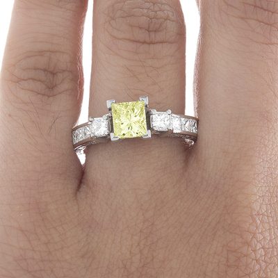 GIA Certified Fancy Yellow Princess Cut Diamond Engagement Ring 1.96 Ct 18K Gold