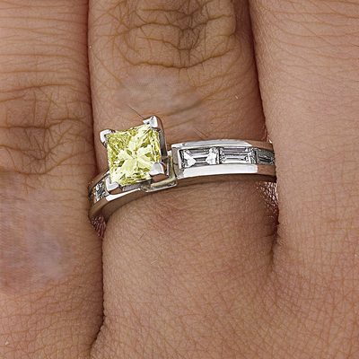 GIA Certified Fancy Yellow Princess Cut Diamond Ring with Baguette Side Diamonds