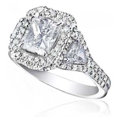3.45 CT Radiant & Triangle Cut Halo 3 Stone Diamond Engagement Ring GIA Certi...