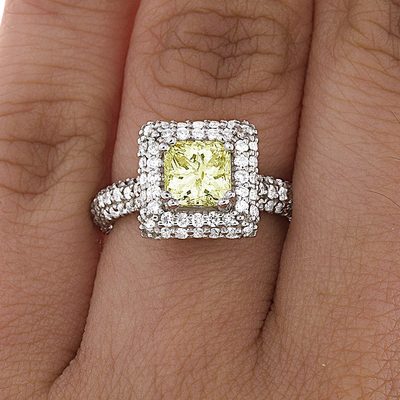 GIA Certified 2 CT Fancy Yellow Radiant & Round Cut Double Halo Diamond Ring