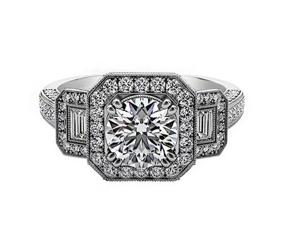 GIA Certified Round Brilliant with Baguette Vintage Style Diamond Engagement ...