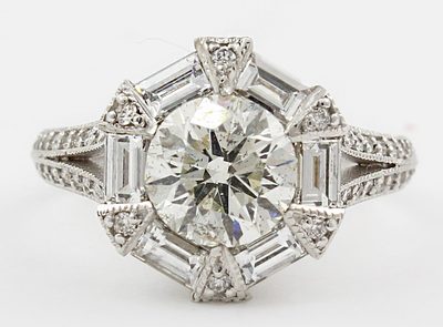 3.30 Carat Round Brilliant Diamond Engagement Vintage Style Ring 18k WG GIA C...