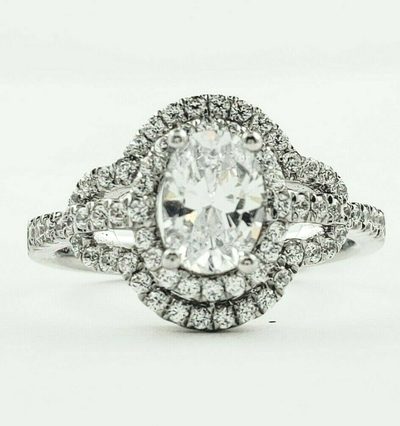 GIA Certified 3.00 Carat Oval & Round Cut Diamond Engagement Ring 18k White Gold