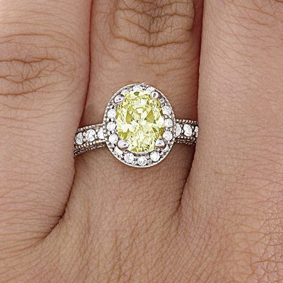 18K White Gold Fancy Yellow Oval & White Side Diamond Ring - 3.10 TCW GIA Cert.