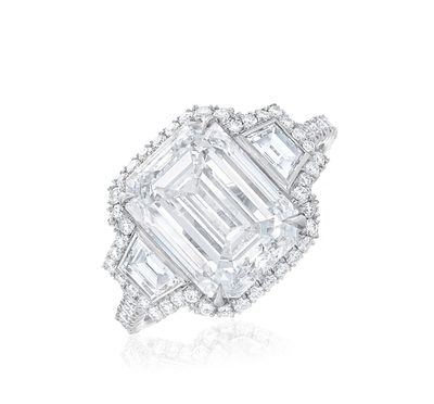 GIA Certified 4.50 Carat Three Stone Diamond Ring Emerald & Trapezoid Cut 18K WG