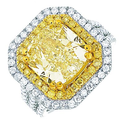 GIA Certified 5.00 CT Fancy Yellow Cushion Center Diamond - White & Yellow Sides