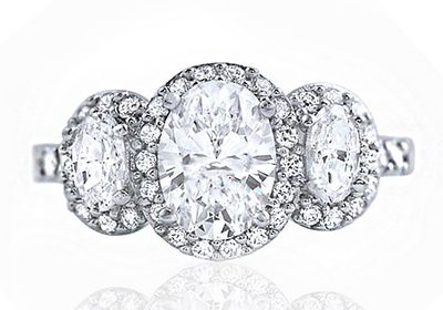 GIA Certified Three-Stone 3.50 Carat Oval Halo Diamond 18k Engagement Ring